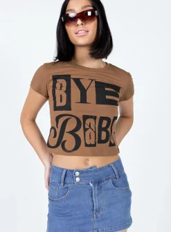 Princess Polly Bye Babe Shrunken Tee  Brown New
