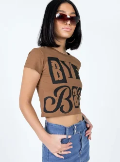 Princess Polly Bye Babe Shrunken Tee  Brown New