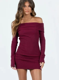 Princess Polly Camtel Off The Shoulder Mini Dress  Burgundy Clearance