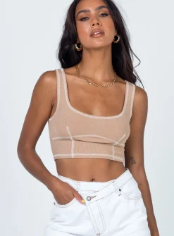 Princess Polly Carl Top  Beige Flash Sale