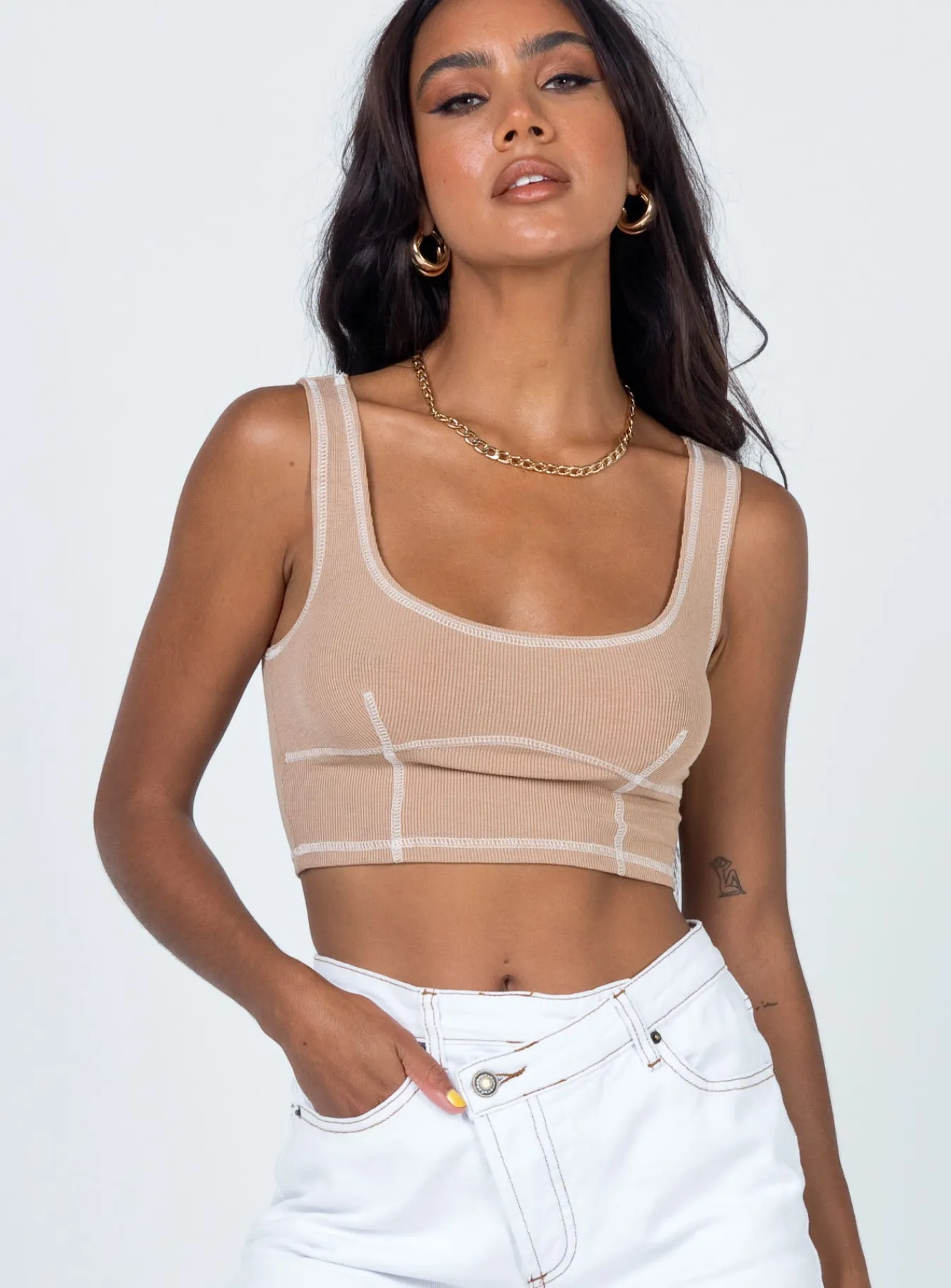 Princess Polly Carl Top Beige Flash Sale