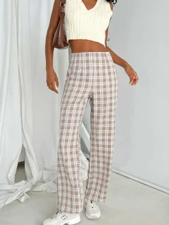 Princess Polly Caronia Check Pants  Beige Cheap