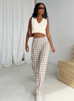 Princess Polly Caronia Check Pants  Beige Cheap