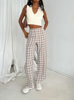 Princess Polly Caronia Check Pants  Beige Cheap