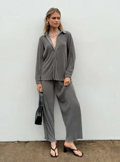 Princess Polly Cartmore Plisse Pants Charcoal   Grey New