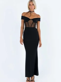 Princess Polly Cassady Off The Shoulder Maxi Dress  Black Clearance