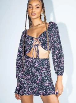 Princess Polly Catalina Long Sleeve Setfloral   Black Hot