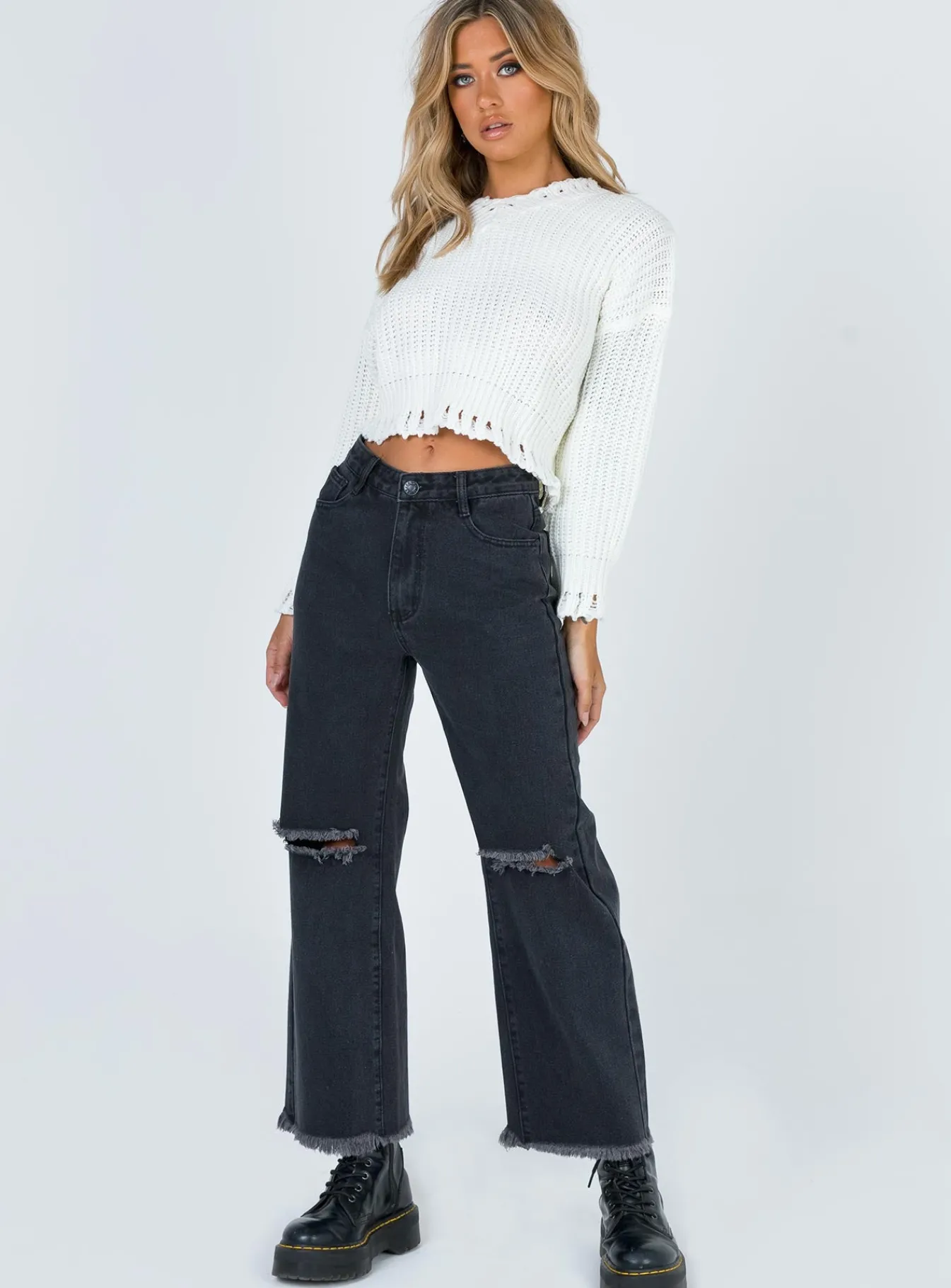 Princess Polly Cece Hammer Wide Leg Knee Rip Jeansdenim Black Cheap