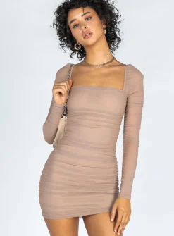 Princess Polly Charvi Long Sleeve Mini Dress  Beige Store