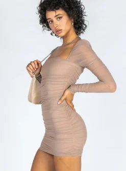 Princess Polly Charvi Long Sleeve Mini Dress Beige Store