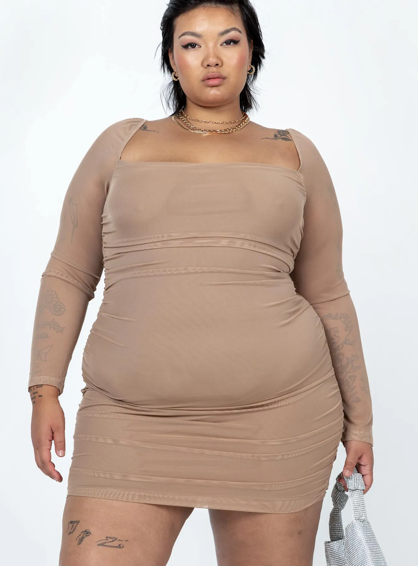 Princess Polly Charvi Long Sleeve Mini Dresscurve Tan Outlet