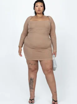 Princess Polly Charvi Long Sleeve Mini Dresscurve Tan Outlet