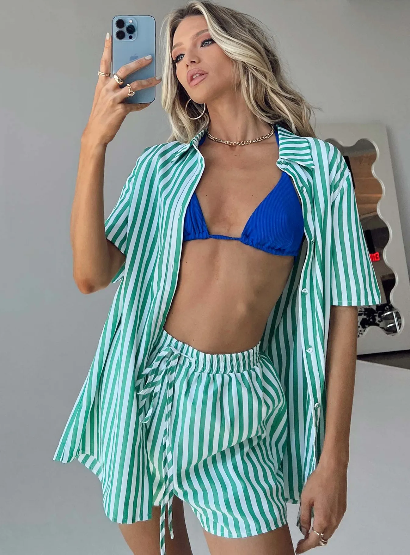 Princess Polly Chloe Short Sleeve Set Green Stripe New