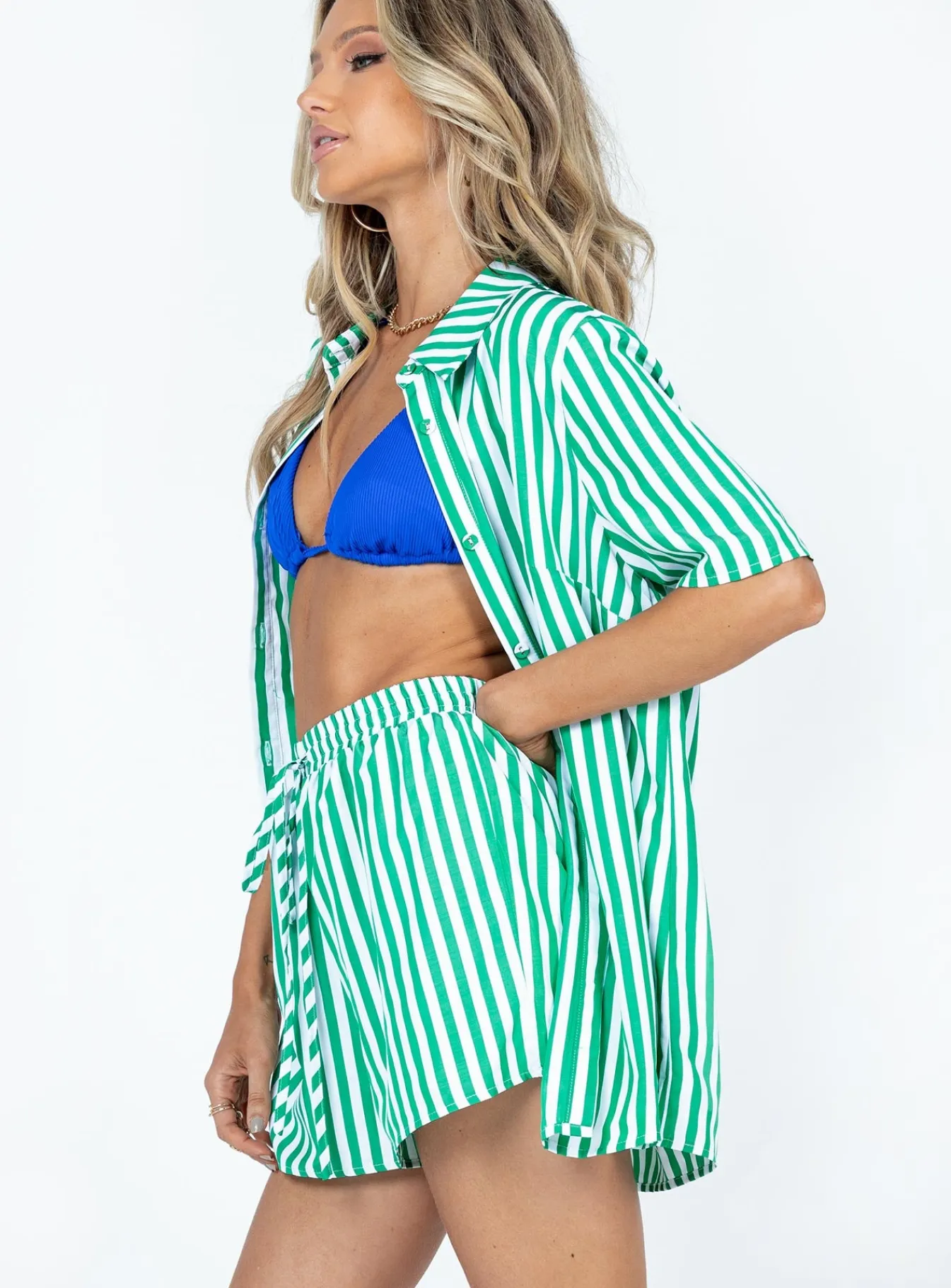Princess Polly Chloe Short Sleeve Set Green Stripe New