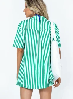 Princess Polly Chloe Short Sleeve Set Green Stripe New
