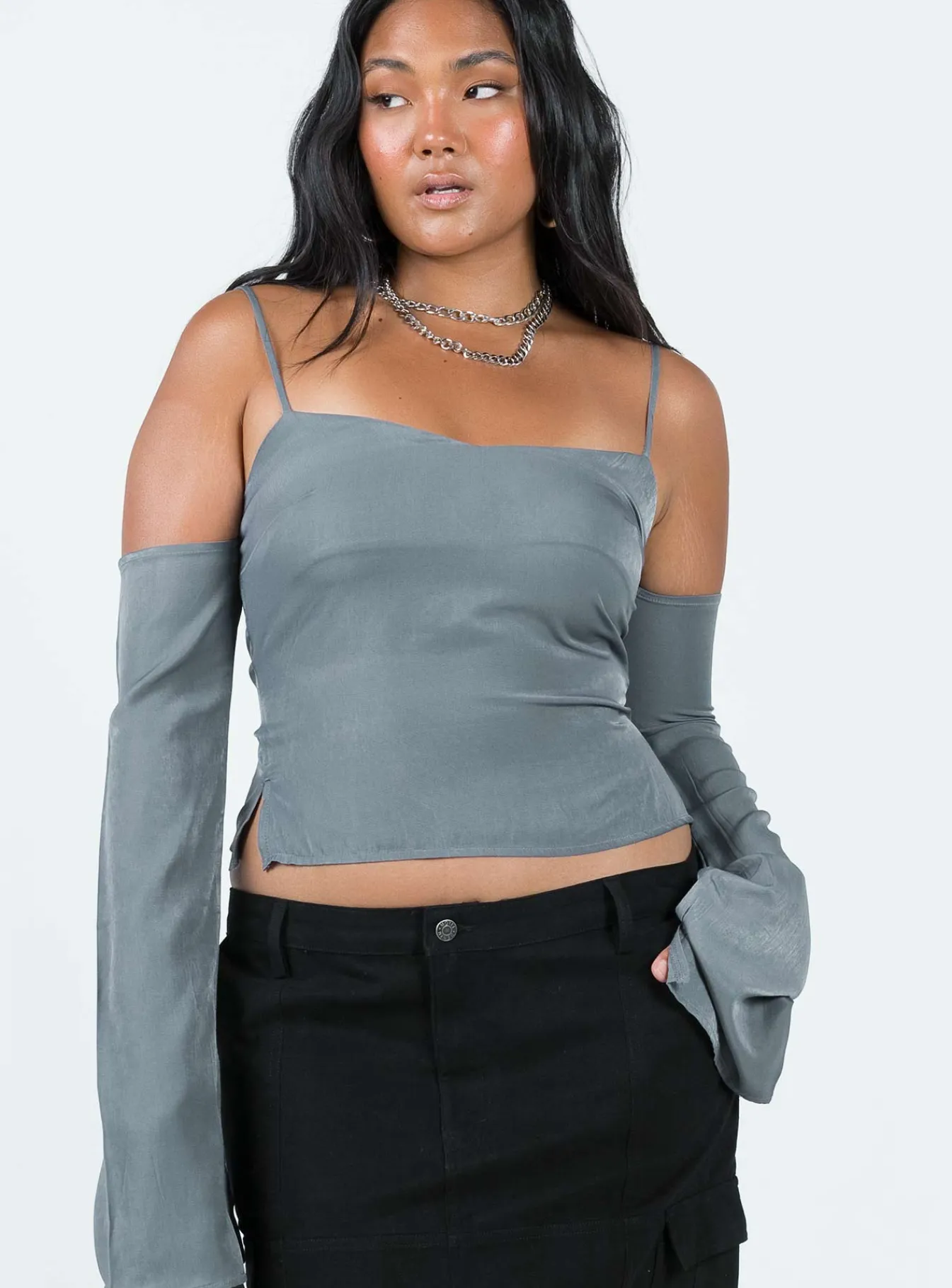 Princess Polly Cold Shoulder Top Slate Fashion