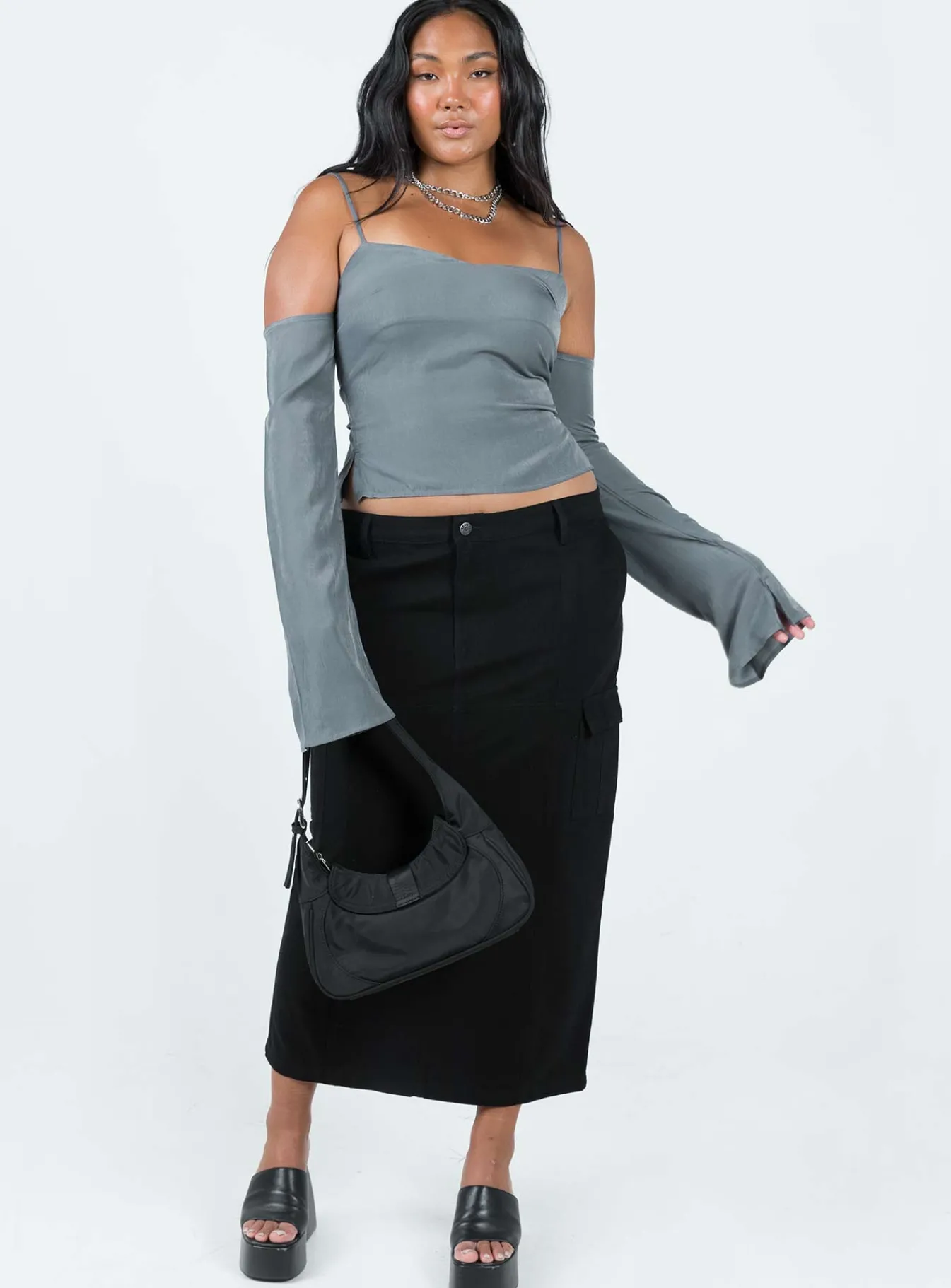 Princess Polly Cold Shoulder Top Slate Fashion