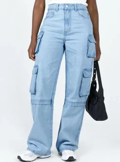 Princess Polly Darla Cargo Denim Jeans Light Wash Denim New