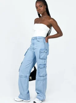 Princess Polly Darla Cargo Denim Jeans Light Wash Denim New