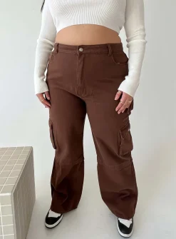 Princess Polly Darla Cargo Denim Jeanscurve   Brown New