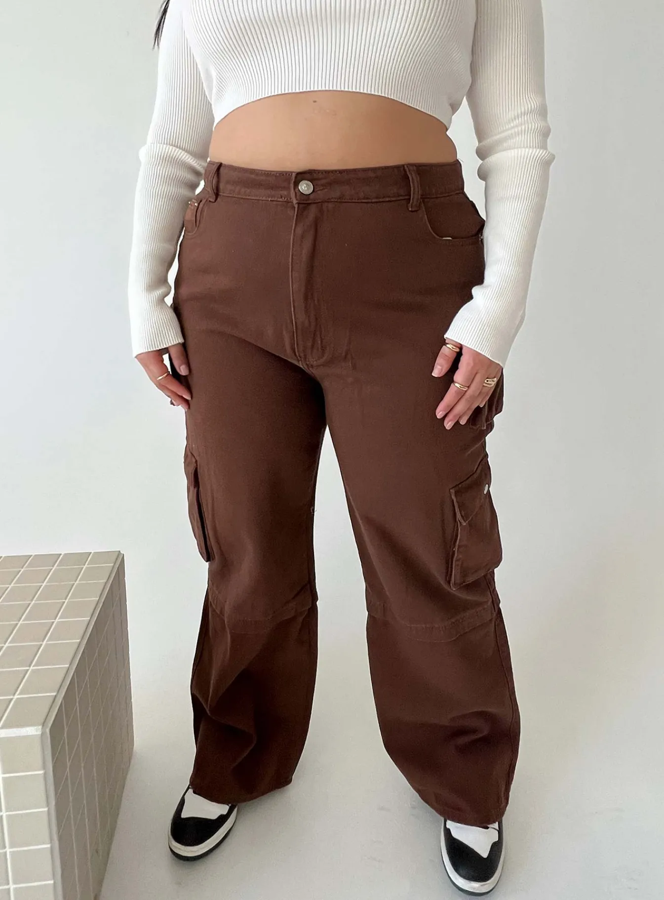 Princess Polly Darla Cargo Denim Jeanscurve Brown New