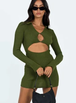 Princess Polly Demit Long Sleeve Mini Dress  Khaki Clearance