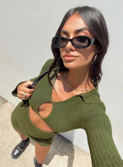 Princess Polly Demit Long Sleeve Mini Dress  Khaki Clearance