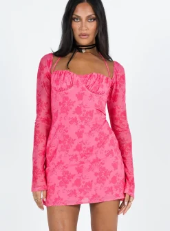 Princess Polly Dyer Sheer Sleeve Mini Dress  Pink Floral Best