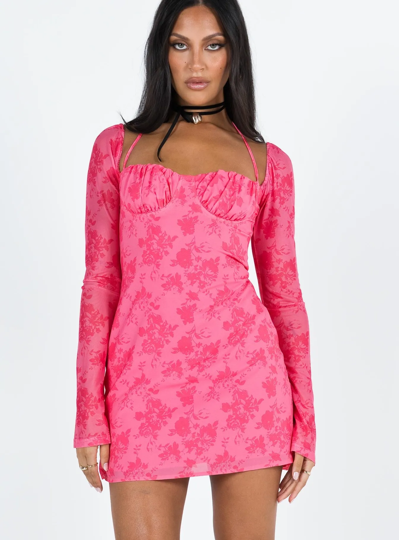 Princess Polly Dyer Sheer Sleeve Mini Dress Pink Floral Best