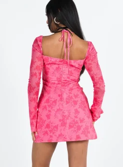 Princess Polly Dyer Sheer Sleeve Mini Dress Pink Floral Best