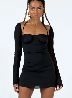 Princess Polly Dyer Sheer Sleeve Mini Dress Black New