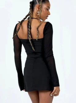 Princess Polly Dyer Sheer Sleeve Mini Dress Black New