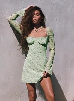 Princess Polly Dyer Sheer Sleeve Mini Dress Green Floral Discount