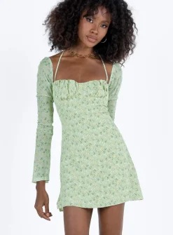 Princess Polly Dyer Sheer Sleeve Mini Dress Green Floral Discount