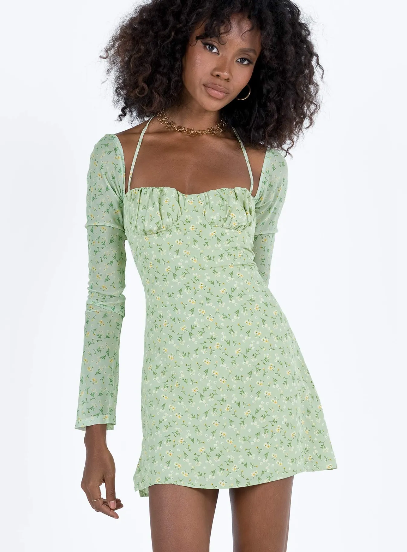 Princess Polly Dyer Sheer Sleeve Mini Dress Green Floral Discount