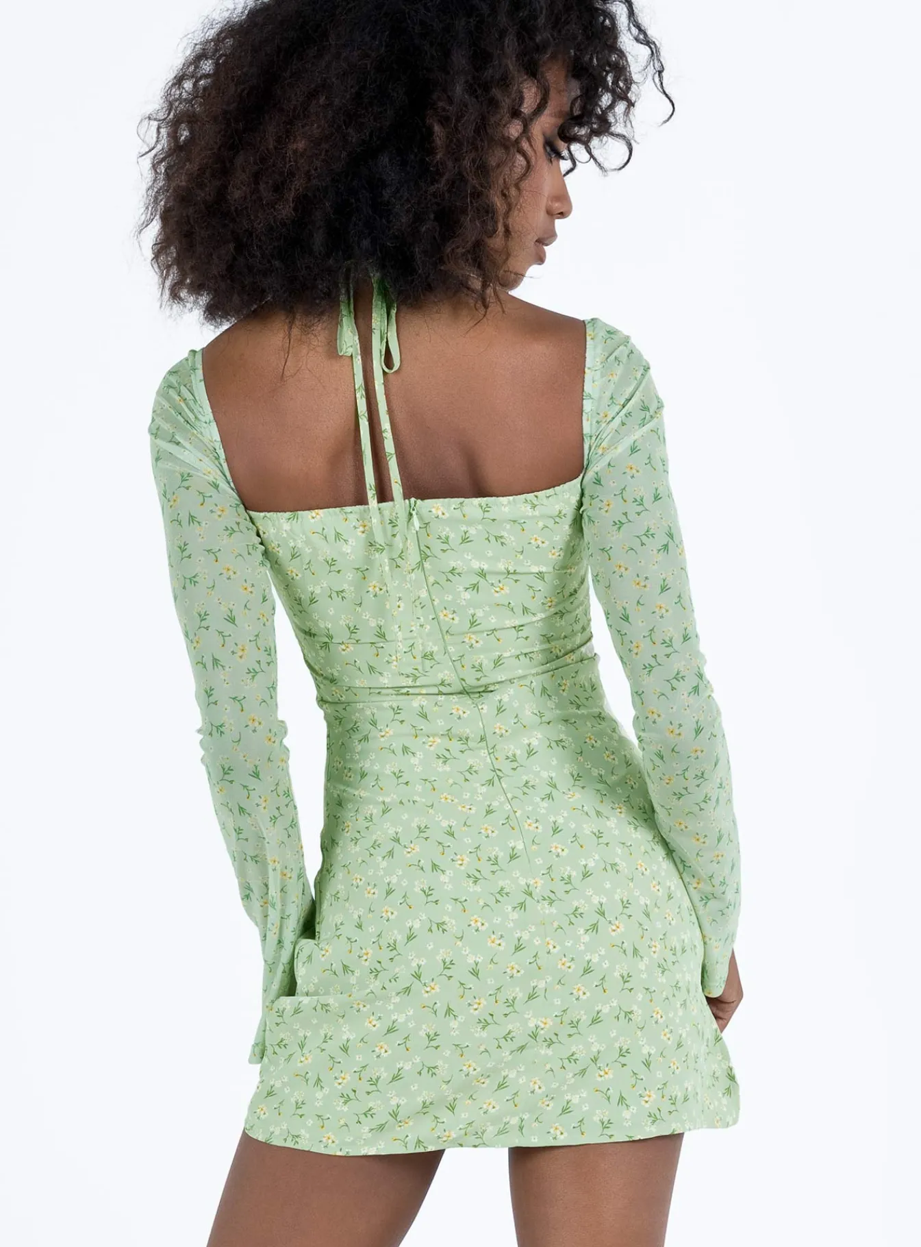 Princess Polly Dyer Sheer Sleeve Mini Dress Green Floral Discount