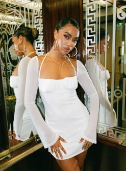 Princess Polly Dyer Sheer Sleeve Mini Dresslow Impact   White Best