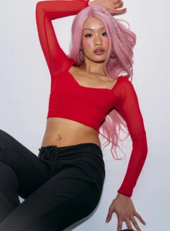 Princess Polly Elmore Long Sleeve Top  Red Cheap