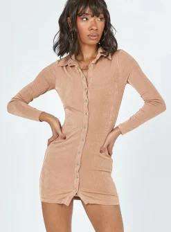 Princess Polly Elody Long Sleeve Mini Dress  Brown Outlet