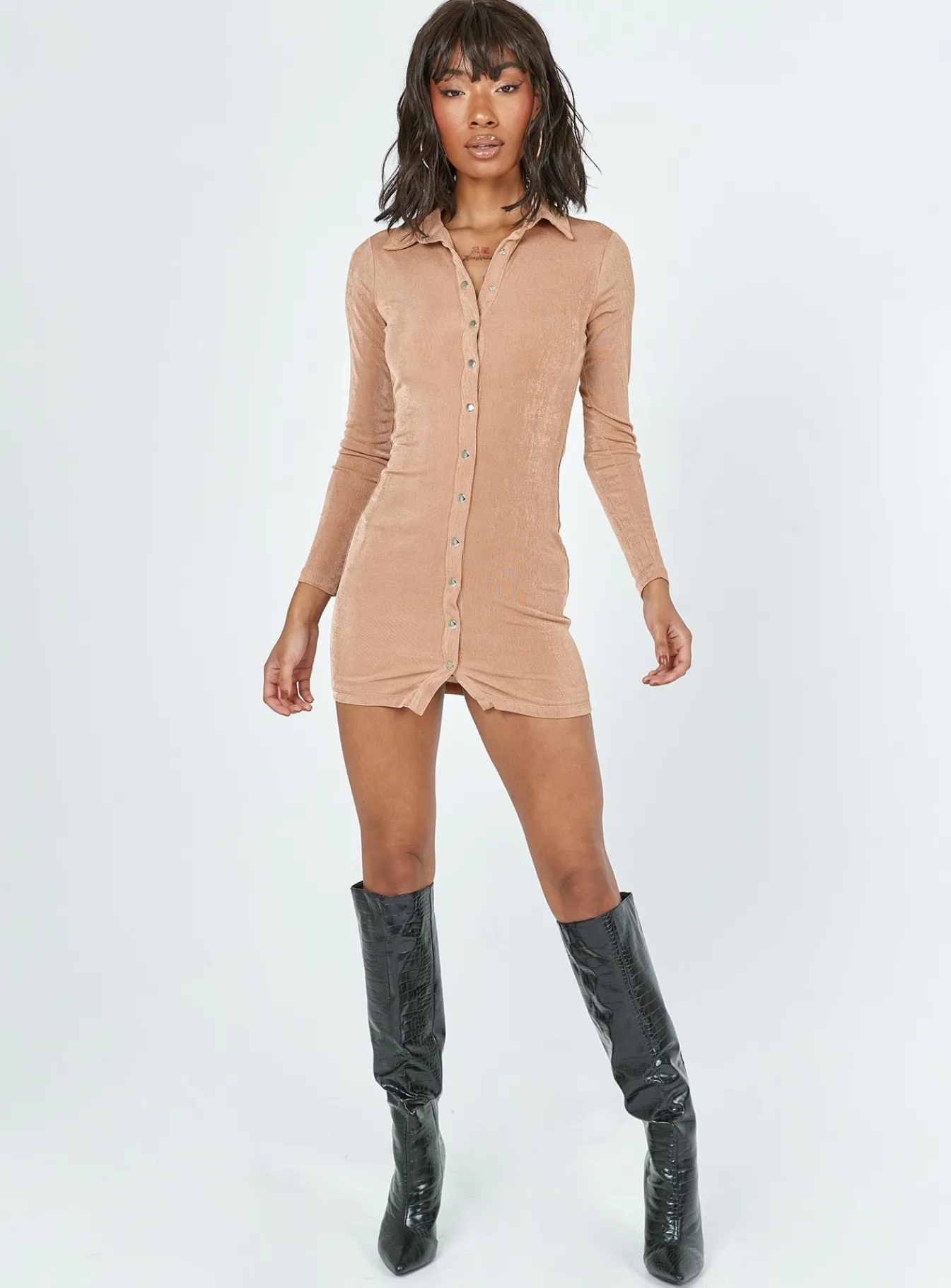Princess Polly Elody Long Sleeve Mini Dress Brown Outlet