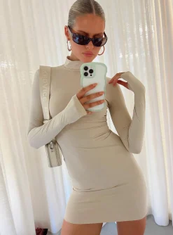 Princess Polly Elysium Long Sleeve Turtleneck Dress  Bone New