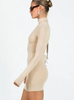 Princess Polly Elysium Long Sleeve Turtleneck Dress  Bone New