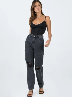 Princess Polly Emmette High Waisted Mom Jean Washed  Black Clearance