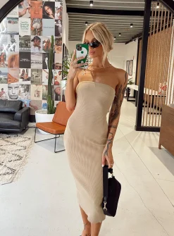 Princess Polly Ethan Strapless Midi Dress  Beige Shop