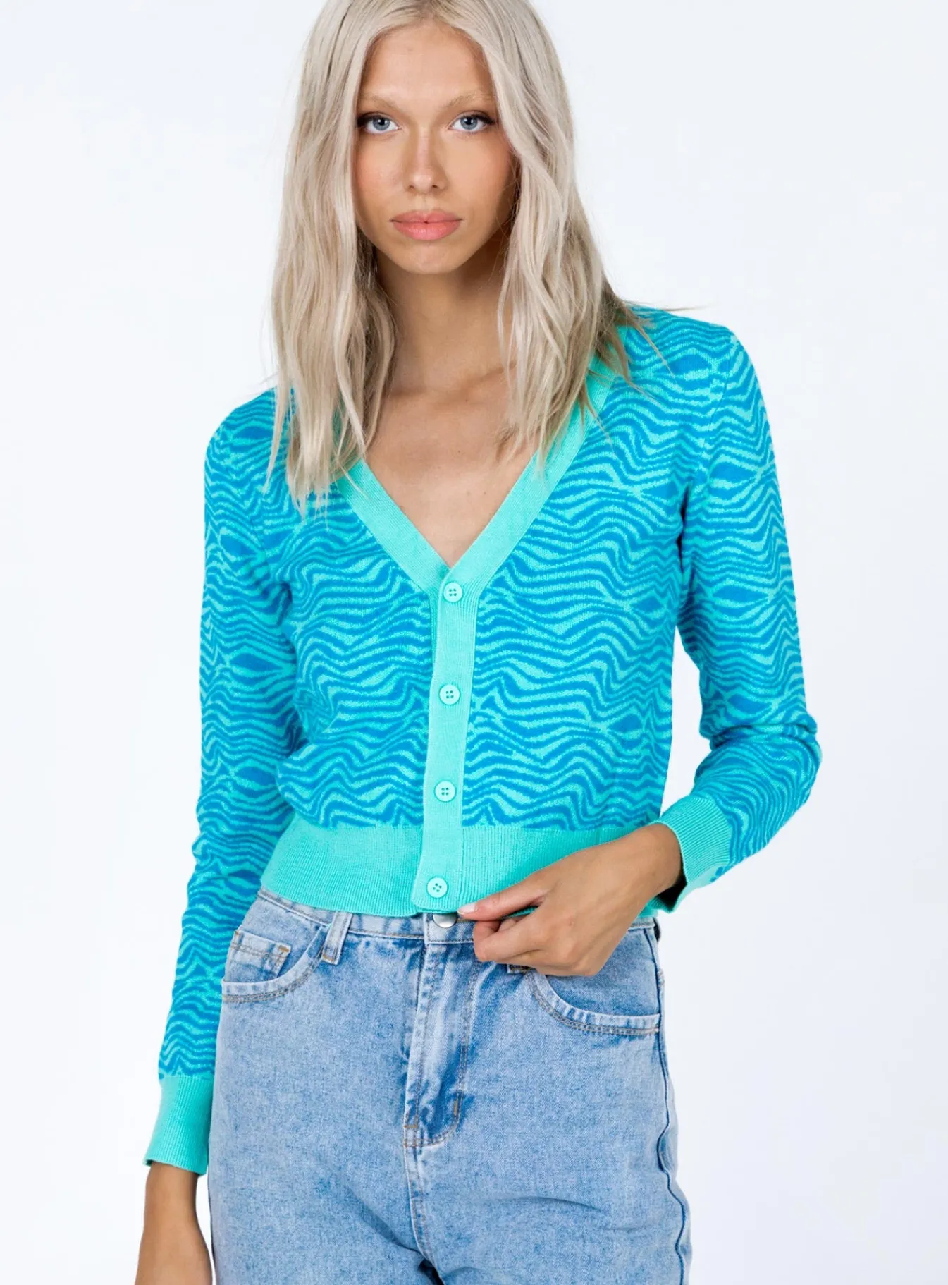 Princess Polly Franc Cropped Cardigan Blue Cheap