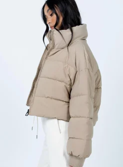 Princess Polly Georgia Cropped Puffer Jacket Beige Outlet
