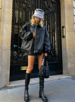 Princess Polly Goldsmith Faux Leather Bomber Jacket  Black Sale