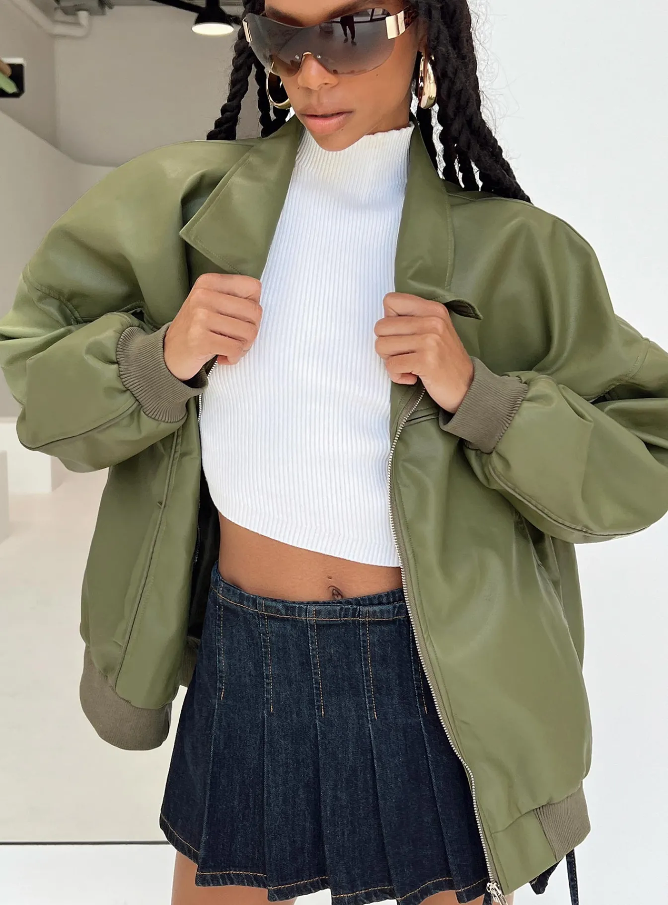 Princess Polly Goldsmith Faux Leather Bomber Jacket Green Cheap