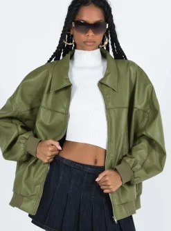 Princess Polly Goldsmith Faux Leather Bomber Jacket  Green Cheap