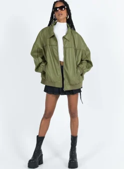 Princess Polly Goldsmith Faux Leather Bomber Jacket Green Cheap